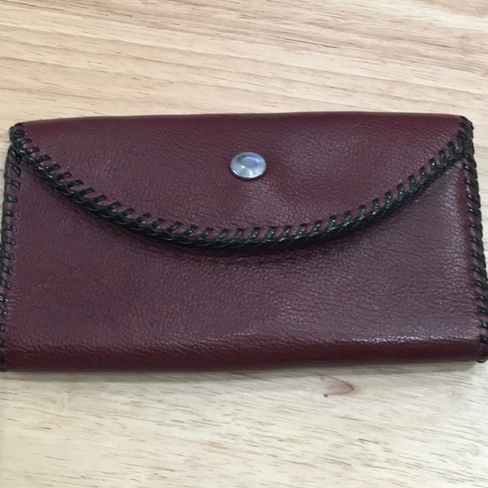 Burgundy Rose Vintage Handmade Leather Wallet with Black Trim Women’s